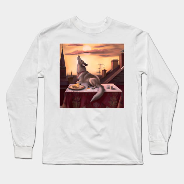 German Shepherd Brown Grey Dog Howling Eating Cake Sunset Long Sleeve T-Shirt by druidwolfart